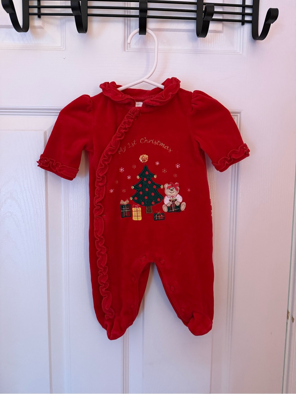 miniwear Vintage Red My 1st Christmas Baby One-Piece with Tree & Bear Embroidery